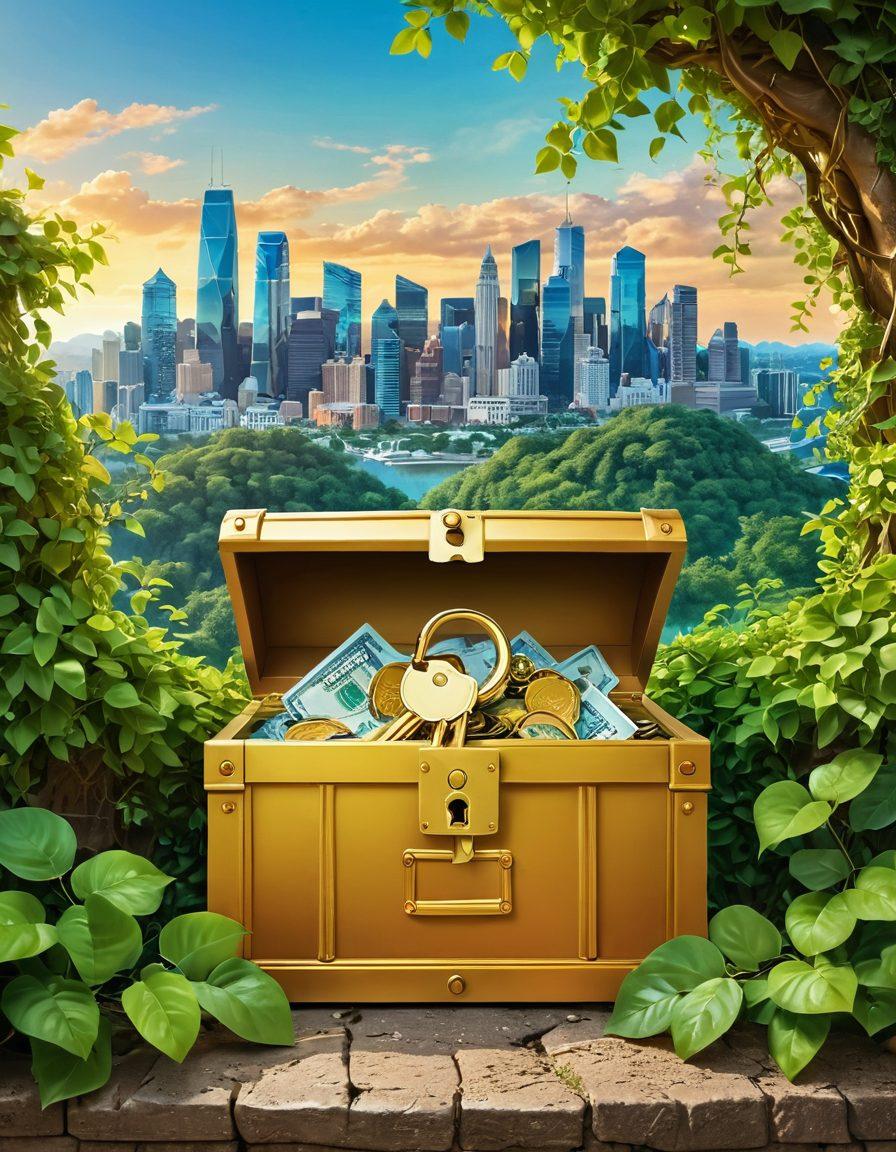A vibrant illustration of a golden key unlocking a treasure chest filled with credit score reports, surrounded by lush green vines symbolizing growth and prosperity. In the background, a futuristic city skyline represents financial success and opportunity. Envelop the scene with bright, optimistic colors to inspire hope and ambition. super-realistic. vibrant colors. 3D.