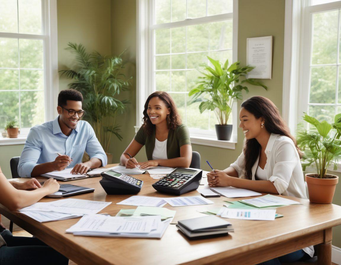 A calm and inviting scene showcasing a diverse group of individuals engaged in a friendly discussion around a table filled with financial tools like calculators, credit reports, and laptops. Soft natural light pours in through large windows, creating an atmosphere of positivity and hope. Walls adorned with motivational quotes about financial freedom and growth. The background features a lush green plant symbolizing prosperity. super-realistic. vibrant colors. warm tones.