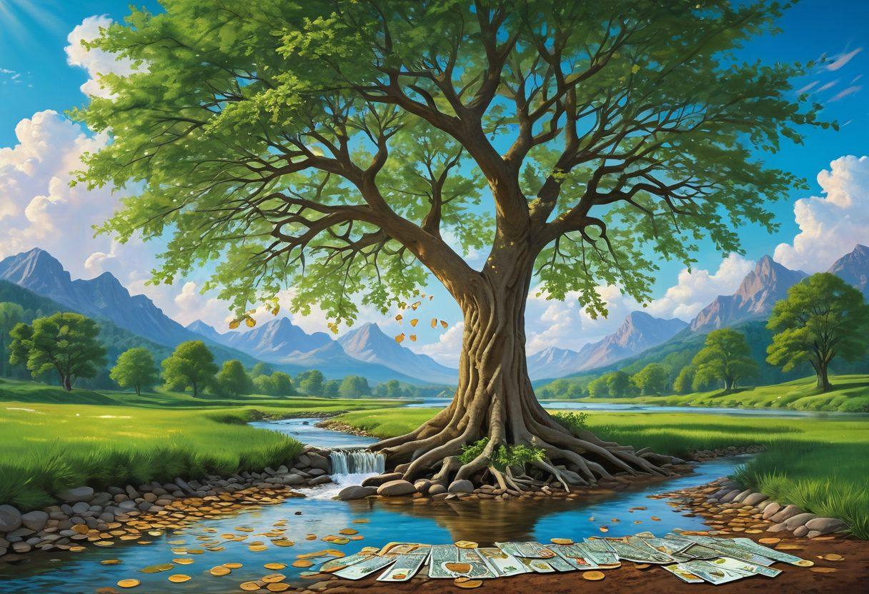 A picturesque landscape featuring a large tree with vibrant green leaves symbolizing growth and stability, beside a peaceful stream representing financial flow. Scattered around are coins and credit cards with glowing numbers, illustrating effective credit management. In the sky, soft clouds shaped like hearts signify cherishing one’s credit history. The overall ambiance is warm and inviting. bright colors. painting style.